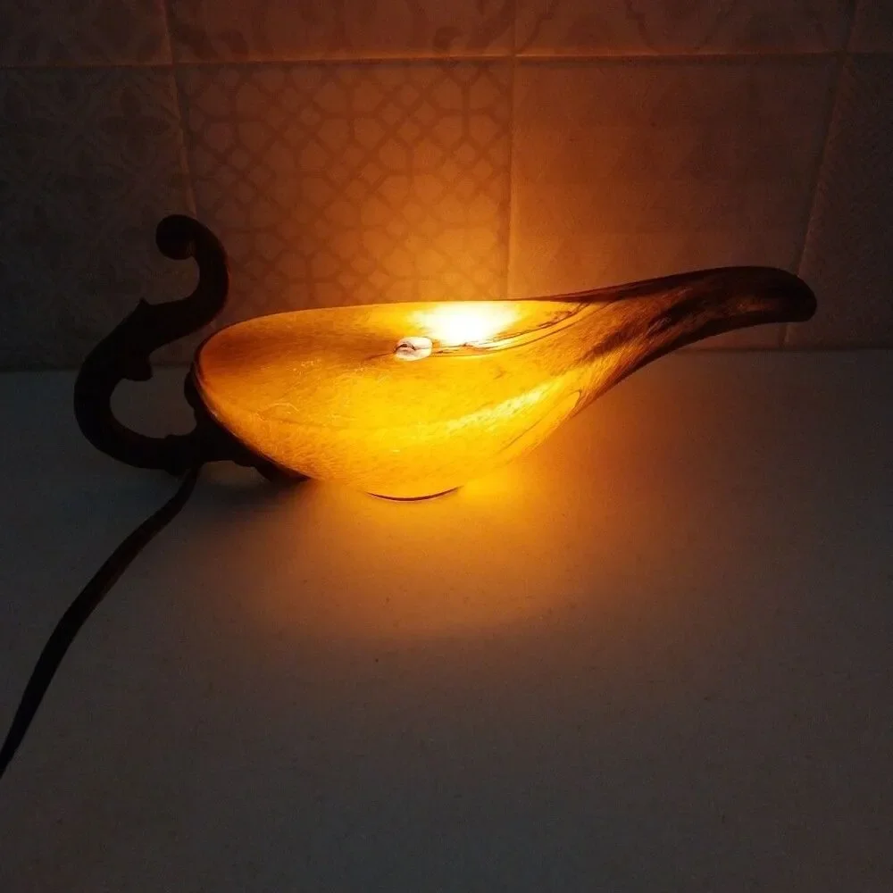 Vintage Aladdin Style Stained Glass Accent Lamp Resin Scroll Handle 12.5